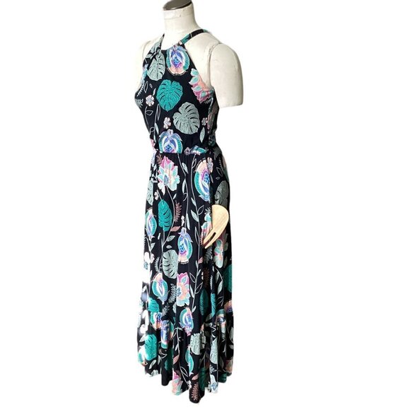 Cynthia Rowley Black Floral Halter Midi Dress Pockets Ruffle Hem Sz S #196i - Picture 4 of 7